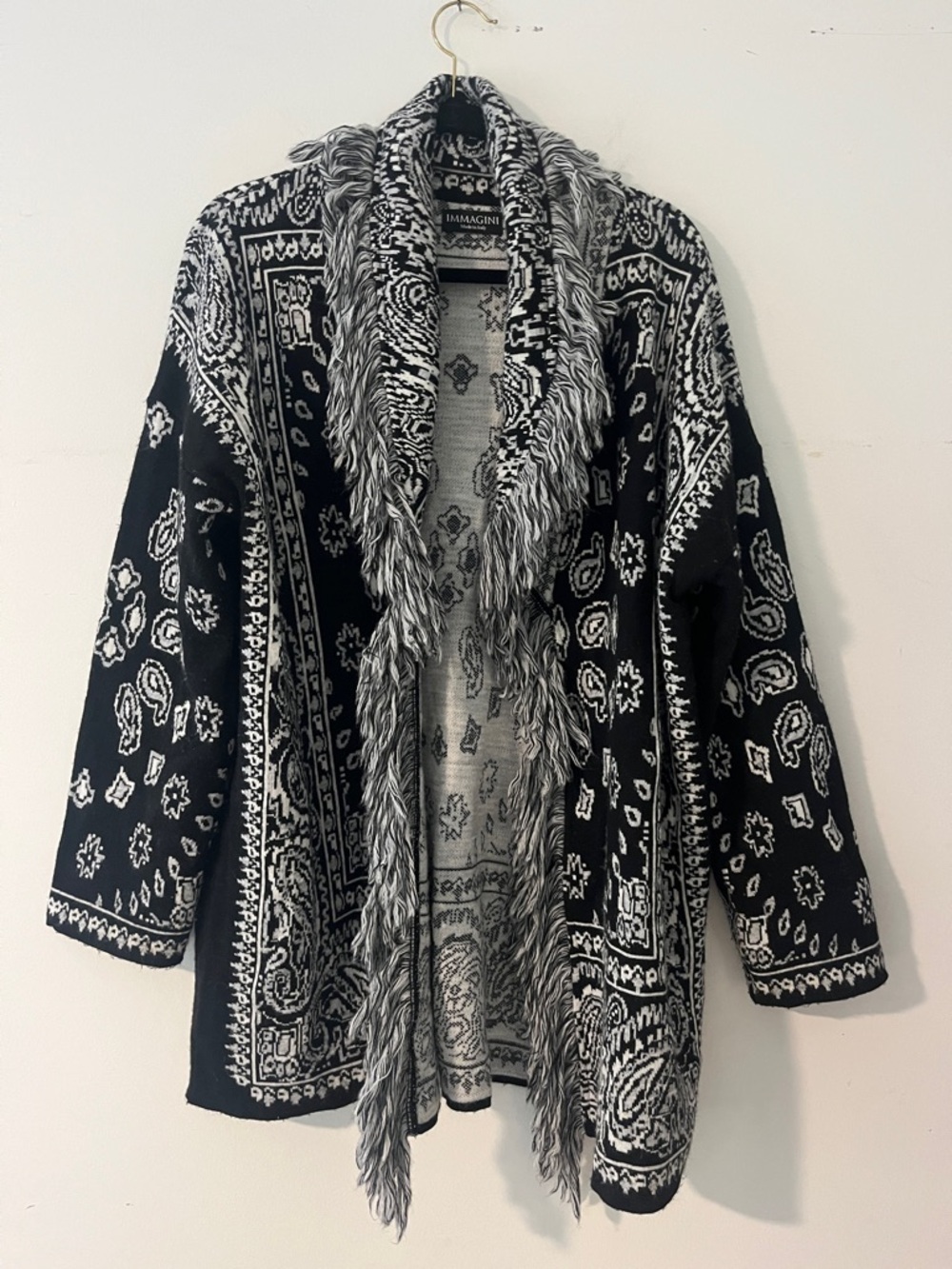 IMMAGINI made in Italy alpaca wool Black White Paisley Faux Fur Collar Cardigan